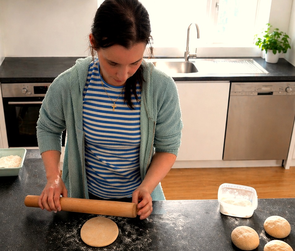 Isabel Rueda udrullar dej på køkkenbordet